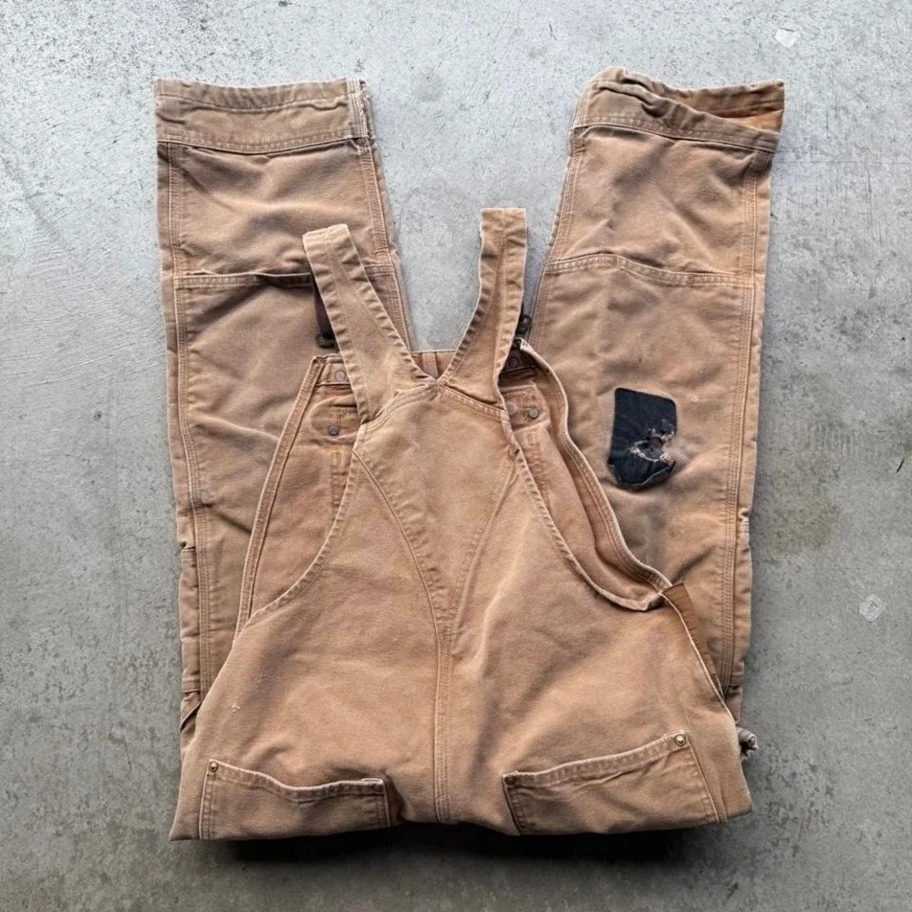 Vintage Carhartt Overalls Faded Distressed Dungarees 34/30 Tan Duck Double Knee - Picture 2 of 7